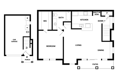 A floor plan of a house with a garage, living room, dining room, kitchen, and bathroom.