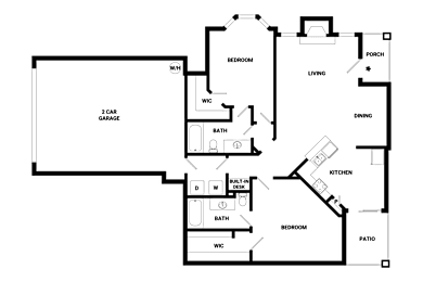 A floor plan of a house with a garage, two bedrooms, a living room, a dining room, a kitchen, a bathroom, and a patio.