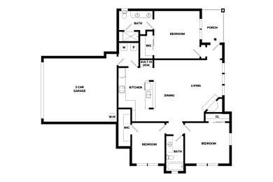 A floor plan of a house with labeled rooms such as Bathroom, Bedroom, Kitchen, Living room, and Porch.