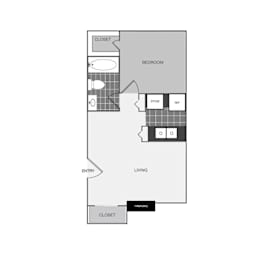 a stylized floor plan of a 1 bedroom apartment