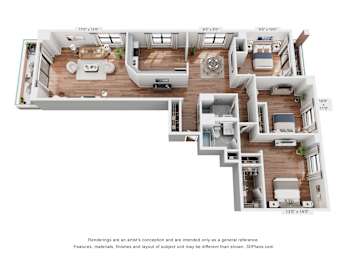 A 3D floor plan of a house with a kitchen, living room, and bedrooms.