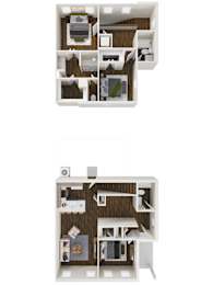 A floor plan of a two-story apartment with a living room, kitchen, and bedrooms.