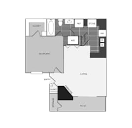 a floor plan of a studio apartment with a bedroom and a living room