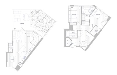 A floor plan of a house with two bedrooms and a garage.