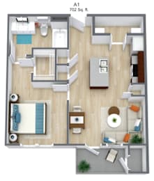 A 702 square foot apartment includes a living room, kitchen, and two bedrooms.