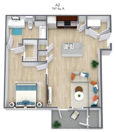 A 2 bedroom apartment with a living room, kitchen, and bathroom.