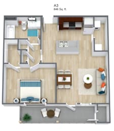 A 3D floor plan of a 846 square foot apartment.