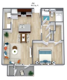 A 802 square foot floor plan for apartment A4.