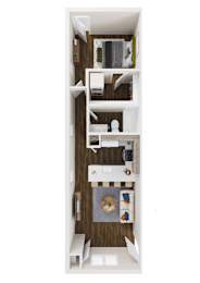 A top-down view of a small, neatly organized apartment with a kitchen, living room, and bathroom.