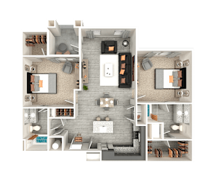 A 3D floor plan of a house with multiple rooms and furniture.