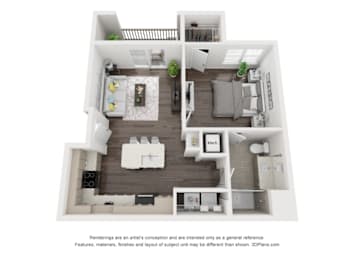 A 3D floor plan of a small apartment with a kitchen, living room, and two bedrooms.