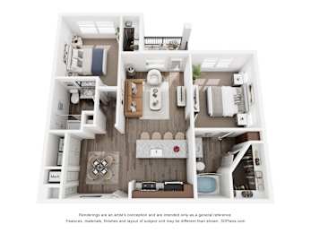 A 3D floor plan of a house with a kitchen, living room, and bathroom.