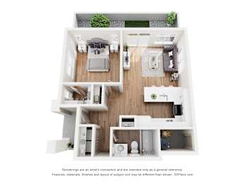 A 3D floor plan of a house with a living room, kitchen, and two bedrooms.