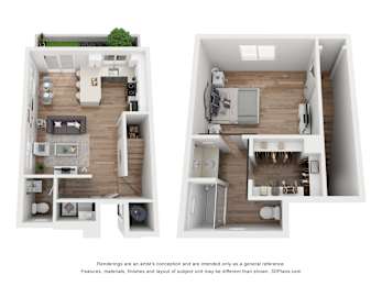 Two images of a floor plan of a house with a kitchen, living room, and bathroom.