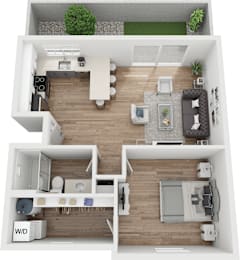 A top-down view of a two-bedroom apartment with a living room, kitchen, and bathroom.