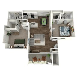 A 3D floor plan of a small apartment with a living room, kitchen, and bedrooms.