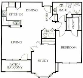 A floor plan of a house with a living room, dining room, kitchen, study, bedroom, bathroom, and closet.