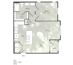 A floor plan of a home with a bathroom, kitchen, dining area, and a living room.