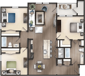 A floor plan of a house with a living room, dining room, kitchen, and two bedrooms.