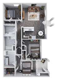 A top-down view of a small apartment with a kitchen, living room, and bedroom.