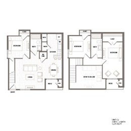 A floor plan of a two-bedroom apartment with a living area, kitchen, and bathroom.