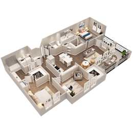 A 3D rendered image of a house layout.