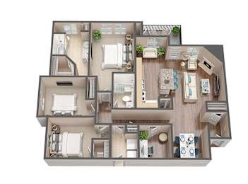 A 3D rendered image of a house layout.
