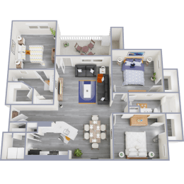 a 3d floor plan of a 3 bedroom apartment