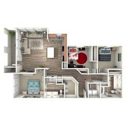 A 3D rendered image of a modern apartment layout.