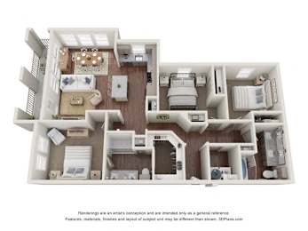 A 3D floor plan of a house with a kitchen, living room, and two bedrooms.