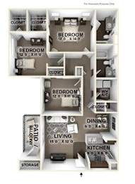 A diagram of a house layout with four bedrooms, a living room, a dining room, a kitchen, a storage area, and a patio.