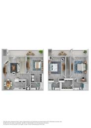 A floor plan of a house with two bedrooms, a living room, a kitchen, and a bathroom.