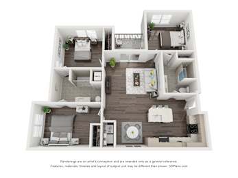 A 3D floor plan of a house with a living room, kitchen, and two bedrooms.