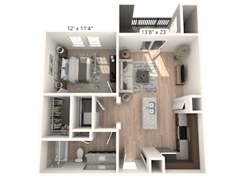 A 13'x23' floor plan of a house with a living room, kitchen, and two bedrooms.