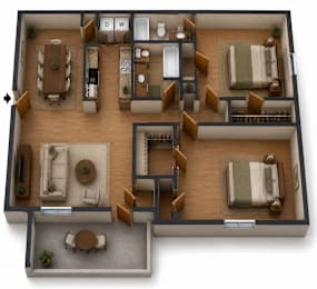 A floor plan of a house with a living room, dining room, kitchen, and bathrooms.