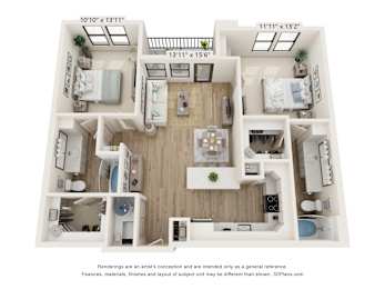 A 3D floor plan of a two-bedroom apartment with a living room, kitchen, and bathroom.