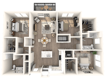 A detailed 3D floor plan of a house showing all rooms and their furnishings.