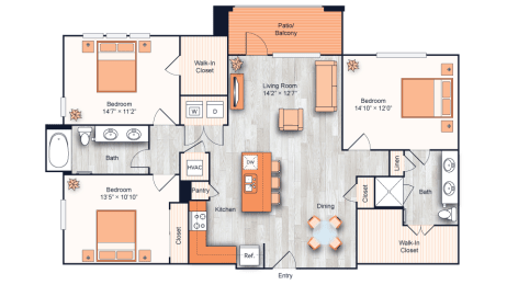 a floor plan of one bedroom apartment with two bathrooms and a balcony