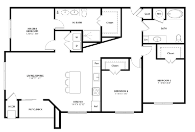 A black and white floor plan of a house with a master bedroom, living room, kitchen, and two bedrooms.