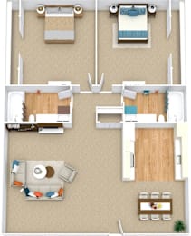 A floor plan of a house with two bedrooms, a living room, a kitchen, and a bathroom.