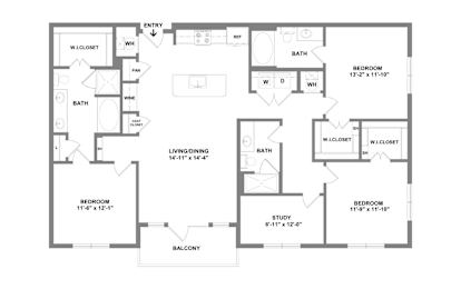 A floor plan of a house with two bathrooms, two bedrooms, a living/dining area, and a balcony.