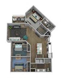A 3D rendered image of a house layout.