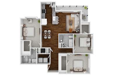 A floor plan of a house with a kitchen, living room, and two bedrooms.