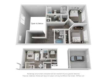 A 3D floor plan of a house with a car parked in the garage.