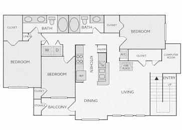 A black and white floor plan of a house with labeled rooms.