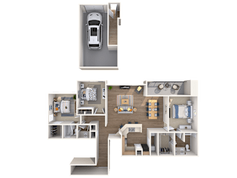 A detailed 3D floor plan of a house with a car parked outside.