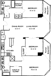 A floor plan of a house with a balcony and a bath.