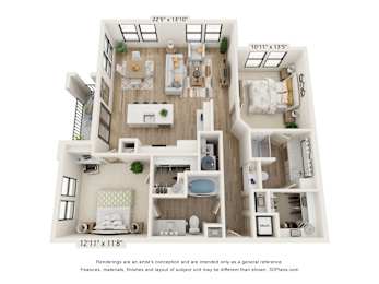 A 3D floor plan of a two-bedroom apartment with a living room, kitchen, and bathroom.
