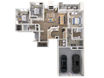 A 3D floor plan of a house with a kitchen, living room, dining room, and two bedrooms.