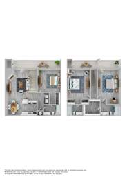 A floor plan of a house with two bedrooms, a living room, a kitchen, and a bathroom.